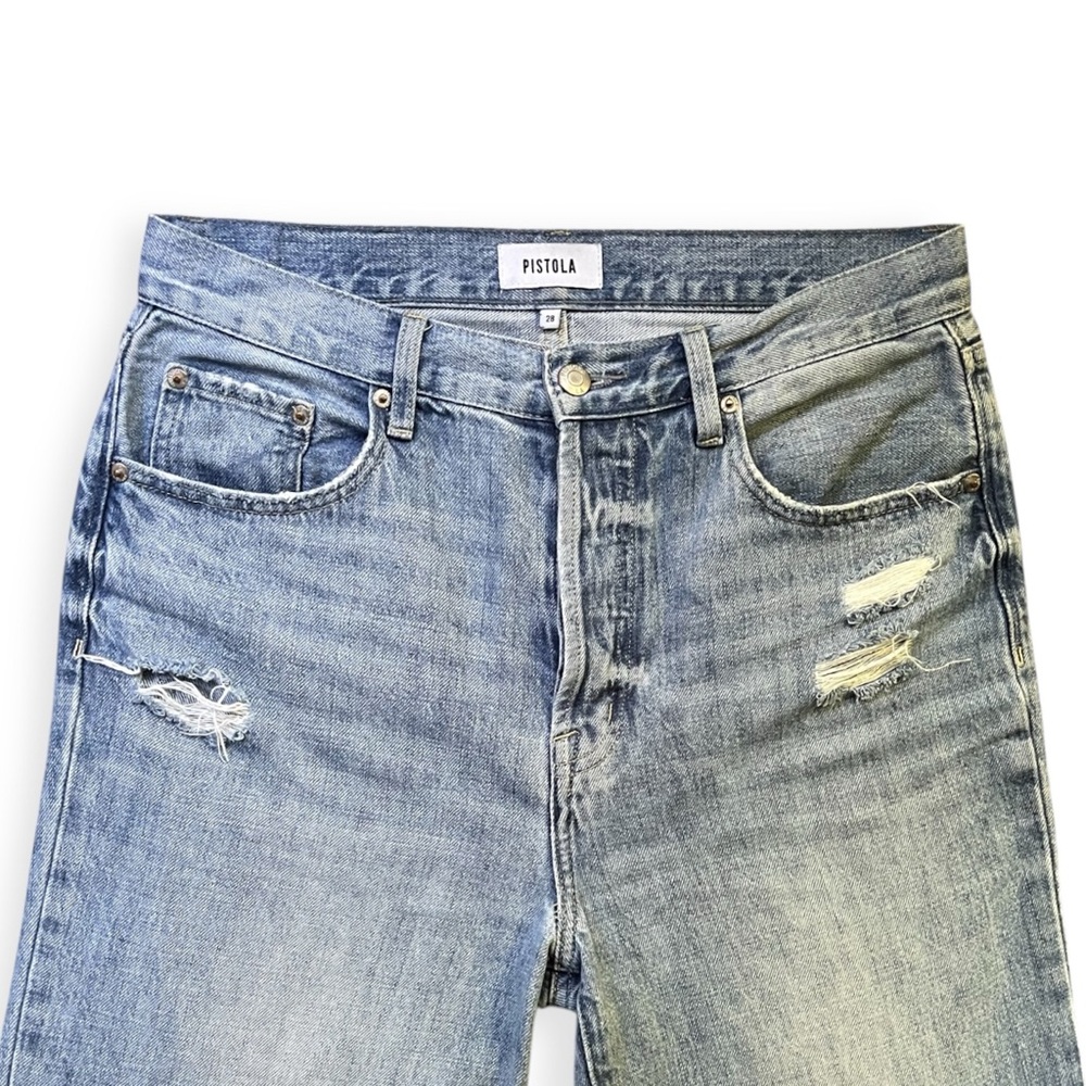 Pistola High Rise Distressed Wide Leg Medium Wash Jeans, sz 28”
